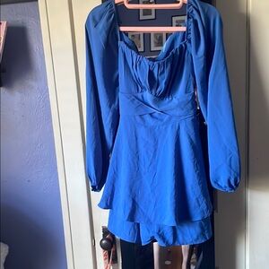 Amazon Blue Long-Sleeve Romper with Ruffled Neckline